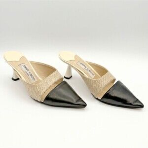 Jimmy Choo Zalea Mules Raffia Black & White Leather Pumps Sz EU 35 5